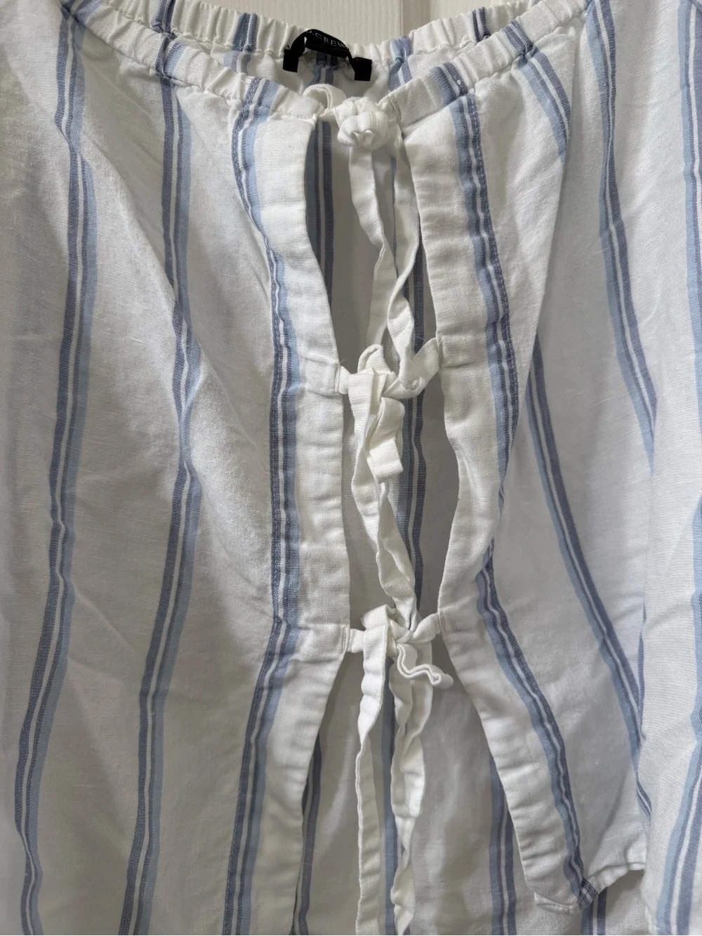 J. Crew White Blouse with Light Blue Stripes - Tie-Front Peasant Top - size L